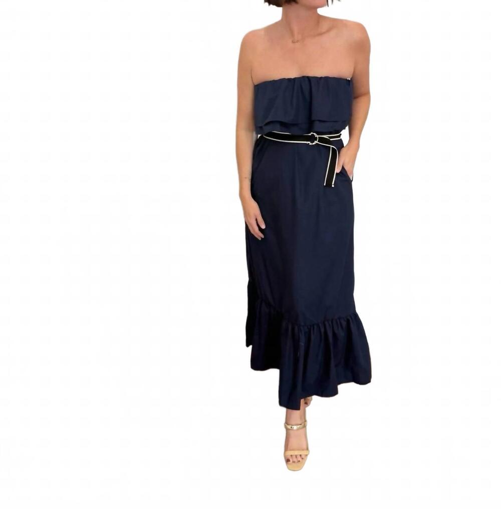 NEW BISHOP + YOUNG como strapless midi dress in navy